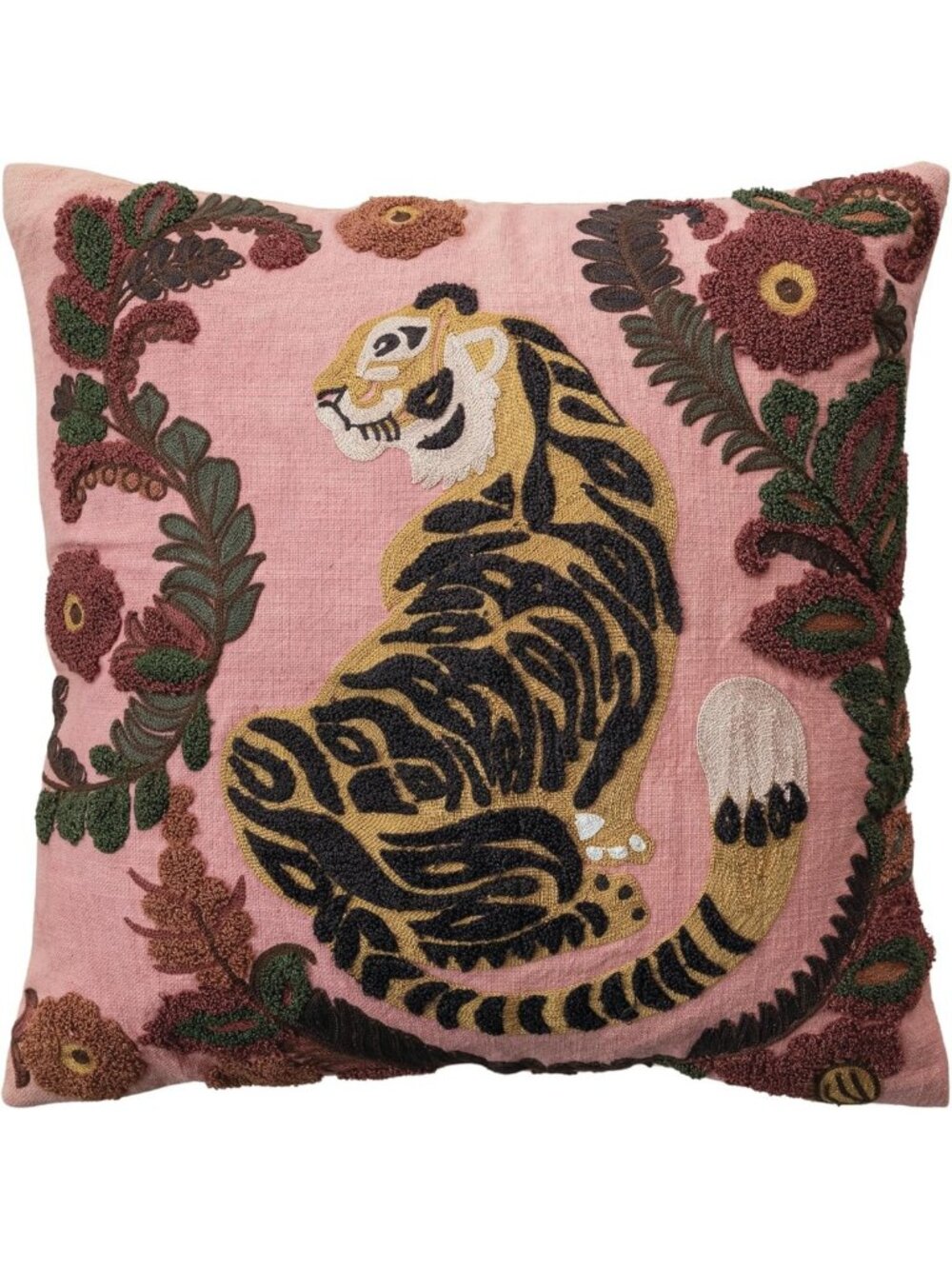 Embroidered Tiger & Flowers Cotton Slub Pillow, Colorful Home Decor Accent